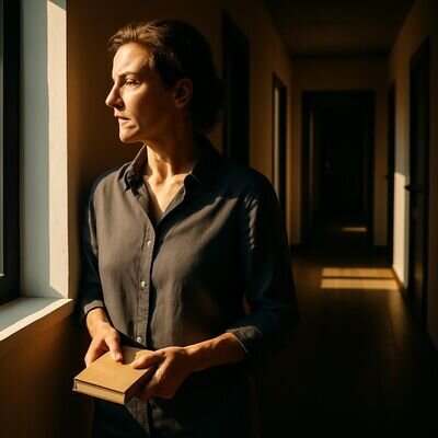 Una persona osserva un corridoio luminoso come se stesse cercando una stanza importante.