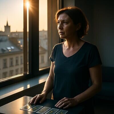Una persona adulta riflette vicino a una finestra con un mazzo di carte sul tavolo, atmosfera calma e lucida.