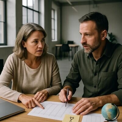 Due persone adulte che chiariscono un piano settimanale con appunti e simboli astrologici in un contesto urbano.