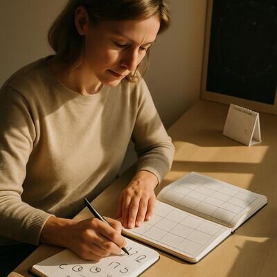 Persona adulta che integra note astrologiche e agenda settimanale in un ambiente luminoso e pratico.