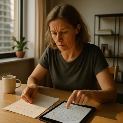 Una persona controlla data, ora e luogo di nascita mentre osserva una carta del cielo su un tablet in un ambiente luminoso.