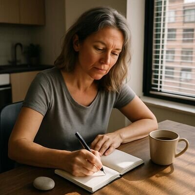 Una persona adulta scrive poche righe sincere su un quaderno, in un ambiente semplice e luminoso.