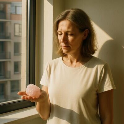 Una persona osserva un quarzo rosa in luce naturale, con espressione calma e riflessiva.