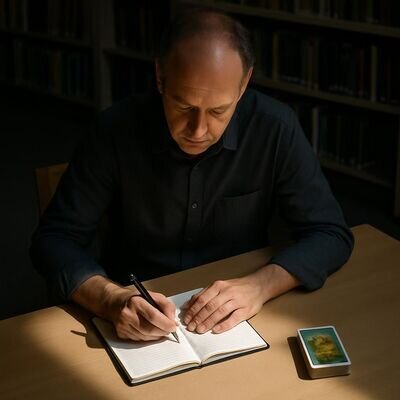 Un uomo scrive su un quaderno in un ambiente luminoso, rappresentando chiarezza, fatti e decisioni consapevoli.