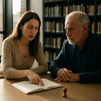 Due persone in una biblioteca luminosa si confrontano con un quaderno aperto e un piccolo simbolo rosso; atmosfera di chiarimento e ascolto.