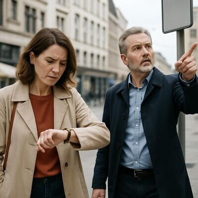 Due persone si fermano un attimo in citt&agrave;, osservando un orologio e l&rsquo;ambiente con attenzione.
