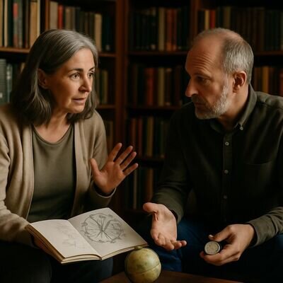 Due persone discutono serenamente di scelte e tempi, con elementi astrologici discreti sul tavolo.