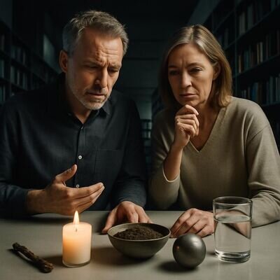 Due persone osservano oggetti simbolici che rappresentano Legno, Fuoco, Terra, Metallo e Acqua in un contesto luminoso.