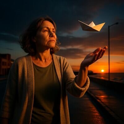 Una persona cammina all&rsquo;aperto e riflette, con un&rsquo;espressione determinata, mentre lascia andare un oggetto simbolico.