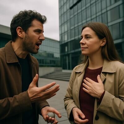 Due persone in dialogo, una mantiene calma e confini emotivi senza chiudersi.