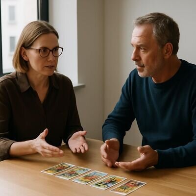 Due persone sedute a un tavolo luminoso durante un consulto di cartomanzia, atmosfera calma e professionale.