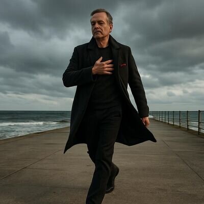 Un uomo cammina all&rsquo;aperto in una giornata nuvolosa, mano sul petto, sguardo concentrato; atmosfera di calma dopo l&rsquo;allarme.