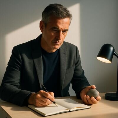Uomo tiene in mano un piccolo oggetto simbolico mentre scrive un impegno concreto.
