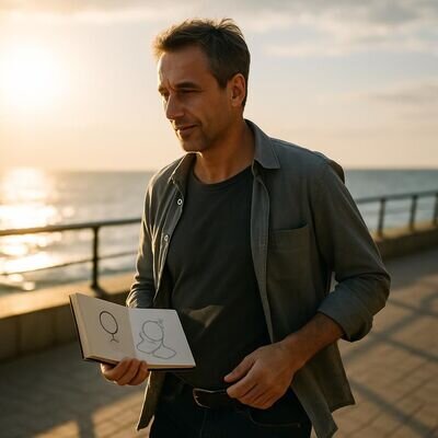 Una persona cammina all&rsquo;aperto riflettendo, con un taccuino e simboli astrologici discreti, in un&rsquo;atmosfera positiva.