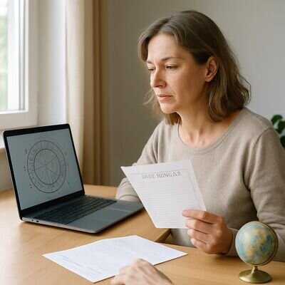 Una persona adulta controlla data, ora e luogo di nascita prima di una lettura astrologica.