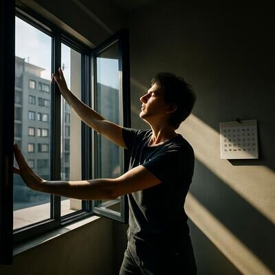 Una persona adulta apre le finestre di casa e lascia entrare luce, simbolo di ripartenza e integrazione.