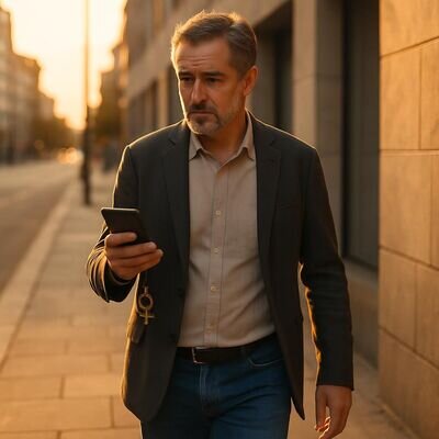 Una persona cammina in citt&agrave; al tramonto guardando il telefono, indecisa se rispondere a un messaggio.