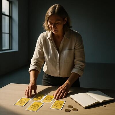 Una persona organizza carte e piccoli oggetti simbolici, comunicando stabilit&agrave; e pianificazione.