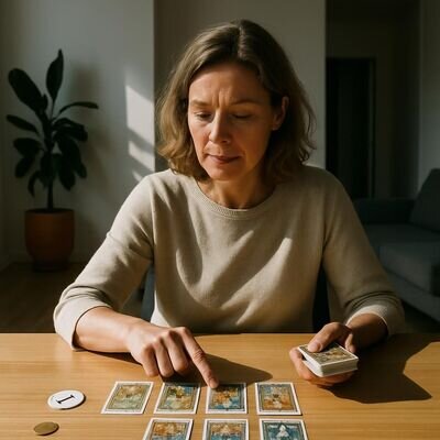 Una persona riflette davanti a un mazzo di tarocchi, con espressione pensierosa e luce intensa.