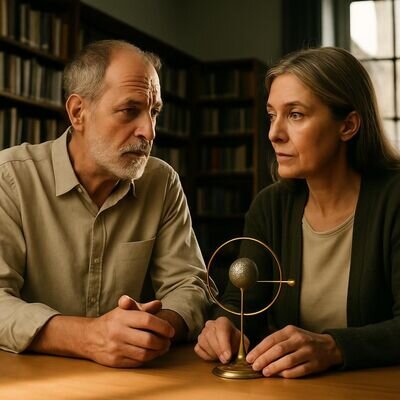 Due persone dialogano in modo sereno, con un piccolo simbolo lunare sul tavolo a richiamare l&rsquo;asse dei Nodi.