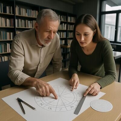 Due persone osservano una carta astrologica in un ambiente di studio ordinato.