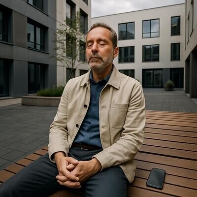 Una persona adulta pratica una meditazione breve con occhi socchiusi in uno spazio urbano tranquillo, senza pose yoga.