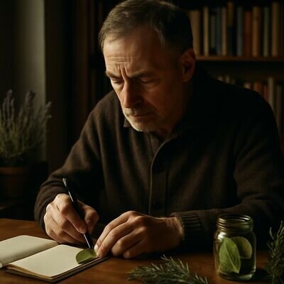 Una persona scrive un&rsquo;intenzione concreta su una foglia di alloro su un tavolo, in un gesto di focus e gratitudine.