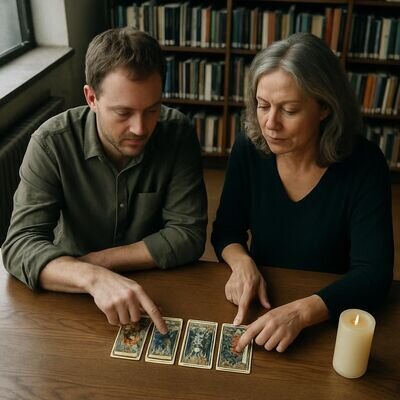Due persone osservano una stesa di tarocchi con atteggiamento rispettoso e non sensazionalistico.