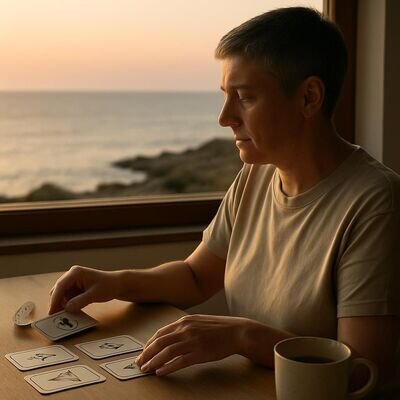 Una persona osserva carte simboliche su un tavolo vicino a una finestra, clima sereno e contemplativo.