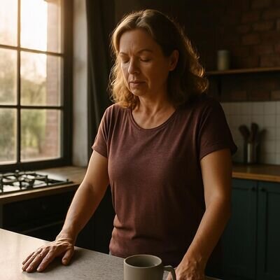 Una persona si ferma un attimo in cucina, respirando prima di iniziare la giornata.