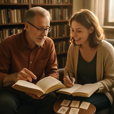 Due persone parlano in modo sereno mentre consultano un libro e un quaderno, cercando significati senza rigidit&agrave;.