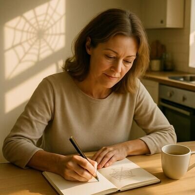 Persona adulta che annota un sogno su un quaderno, con un motivo di ragnatela appena accennato come simbolo di pensieri e controllo.