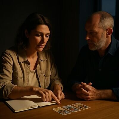 Due persone sedute in un ambiente luminoso parlano con calma, con un quaderno e carte simboliche sul tavolo.