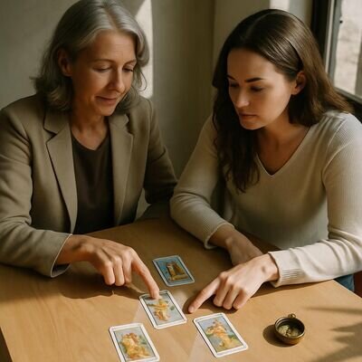 Una consulente e una cliente osservano una stesa di carte in un ambiente luminoso e tranquillo.