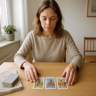 Una persona dispone tre carte in fila da sinistra a destra in un ambiente luminoso e ordinato.