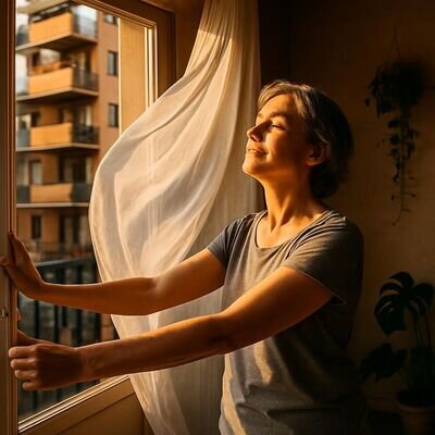 Una persona apre le finestre e respira profondamente, iniziando la routine di reset dell&rsquo;ambiente.