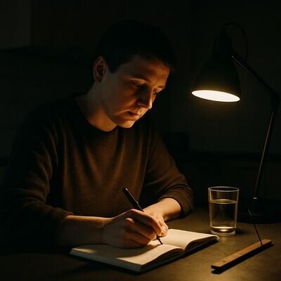 Persona che scrive la sera in un ambiente domestico, con luce intensa e atmosfera introspectiva ma positiva.