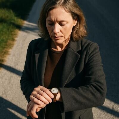 Una persona nota un&rsquo;ora specchio sull&rsquo;orologio in un contesto quotidiano, con atmosfera riflessiva ma serena.