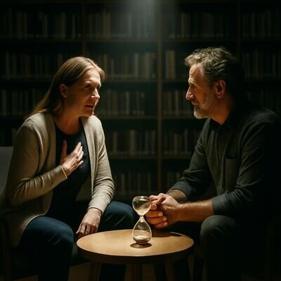 Due persone adulte in conversazione tranquilla in un ambiente neutro, simbolo di accompagnamento e confini sicuri.