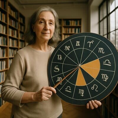 Una persona indica tre zone su un grande cerchio zodiacale in una biblioteca luminosa.