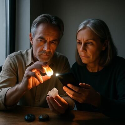 Due persone confrontano cristalli vicino a una finestra, usando luce laterale e smartphone per controllare colore e riflessi.